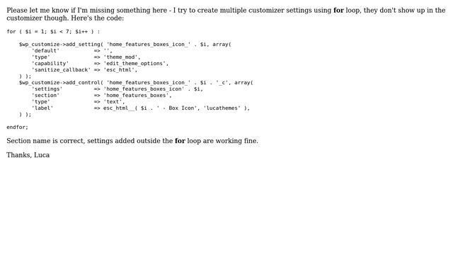 Wordpress: Customizer settings using "for" loop смотреть онлайн