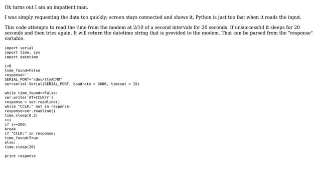Raspberry Pi: Reading time off of a cellular modem with python 2.7 and pyserial (3 Solutions!!) смотреть онлайн