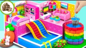 Миниатюрный домик горками спускающимся к бассейну и с цветным колодцом с водой , из картона /223