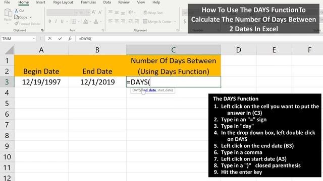 How To Calculate The Number Of Days Between 2 Dates (Using The DAYS Function) In Excel Explained смотреть онлайн