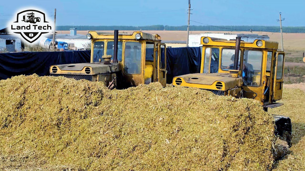 Советские бульдозеры ЧТЗ Т-130 и Т-170 вдвоем затаскивают силос на яму! Трамбовка силоса! смотреть онлайн