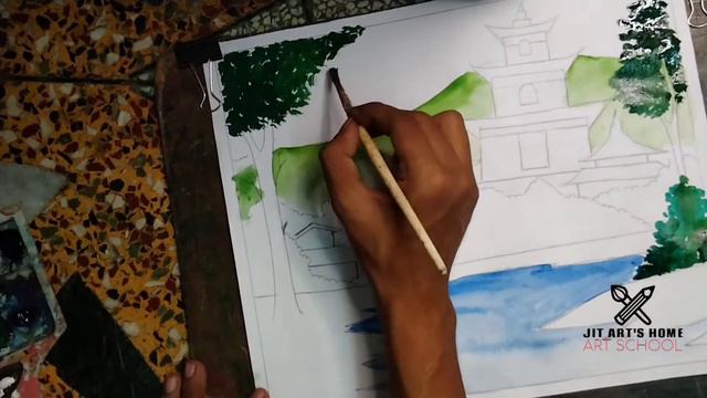 watercolour landscape painting for beginners/easy temple scenery drawing/step by step Tutorial || смотреть онлайн