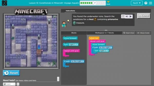 Code Org Lesson 17 - Code.org Express Course Lesson 17 Conditionals in Minecraft Voyage Aquatic