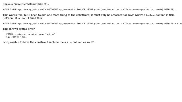 Databases: Composite constraint of numrange and boolean смотреть онлайн