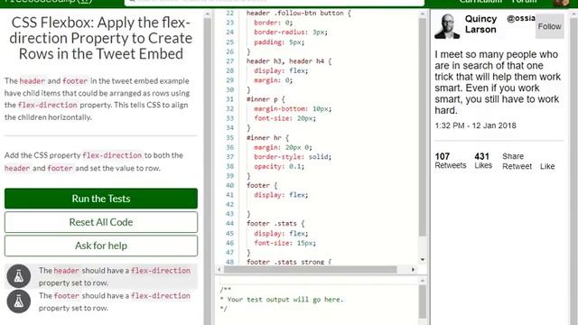 CSS Flexbox Apply the flex direction Property to Create Rows in the Tweet Embed free code camp Da смотреть онлайн