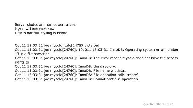 MySQL : Mysql won't start - ibdata1 corrupt? - operating system error number 13 - permissions issue смотреть онлайн