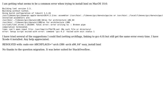Apple: Error installing lxml on Mac Snow Leopard смотреть онлайн