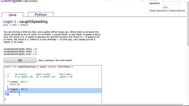 Codingbat - caughtSpeeding (Java) смотреть онлайн