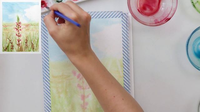 Watercolor PINK FLOWERS on the meadow - easy step by step tutorial for beginners смотреть онлайн