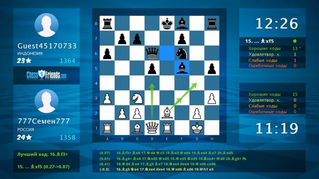 Анализ шахматной партии: 777Семен777 - Guest45170733, 1-0 (по ChessFriends.com) смотреть онлайн