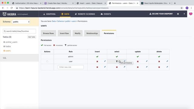 5.2 Create permissions for users table смотреть онлайн