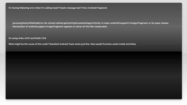 Anko toast() method causes java.lang.NoSuchMethodError when called from Fragment смотреть онлайн