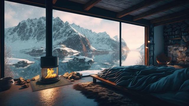 Ощутите комфорт и покой лежа в постели у потрескивающего камина на заснеженной горе смотреть онлайн