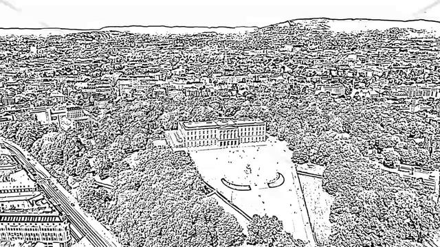 Sketch doodle style. Oslo, Norway. Royal Palace. Slottsplassen. Palace park, Aerial View, Point of смотреть онлайн