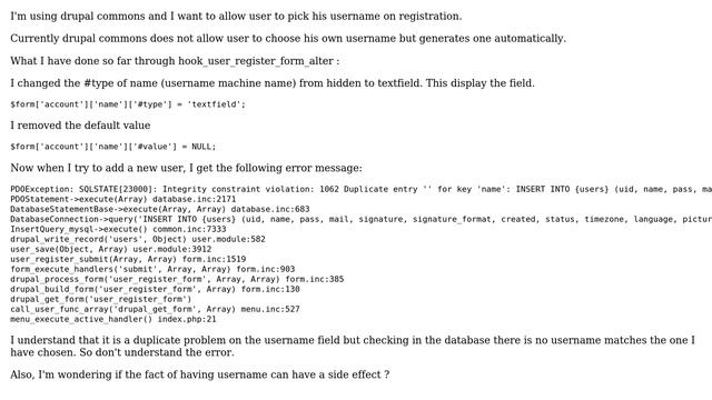 Allow users to register using username in drupal commons throw Integrity constraint violation error смотреть онлайн