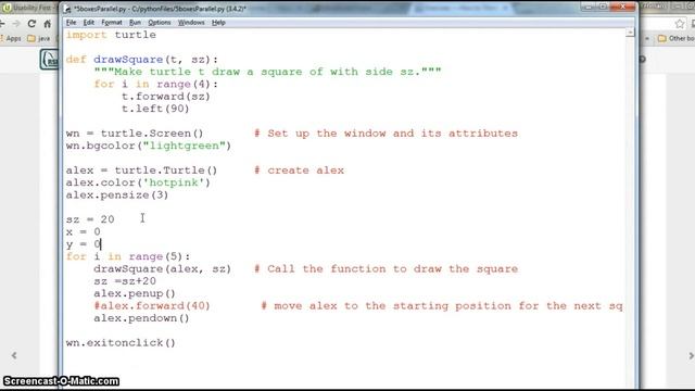 Python turtle graphics - draw 5 squares смотреть онлайн