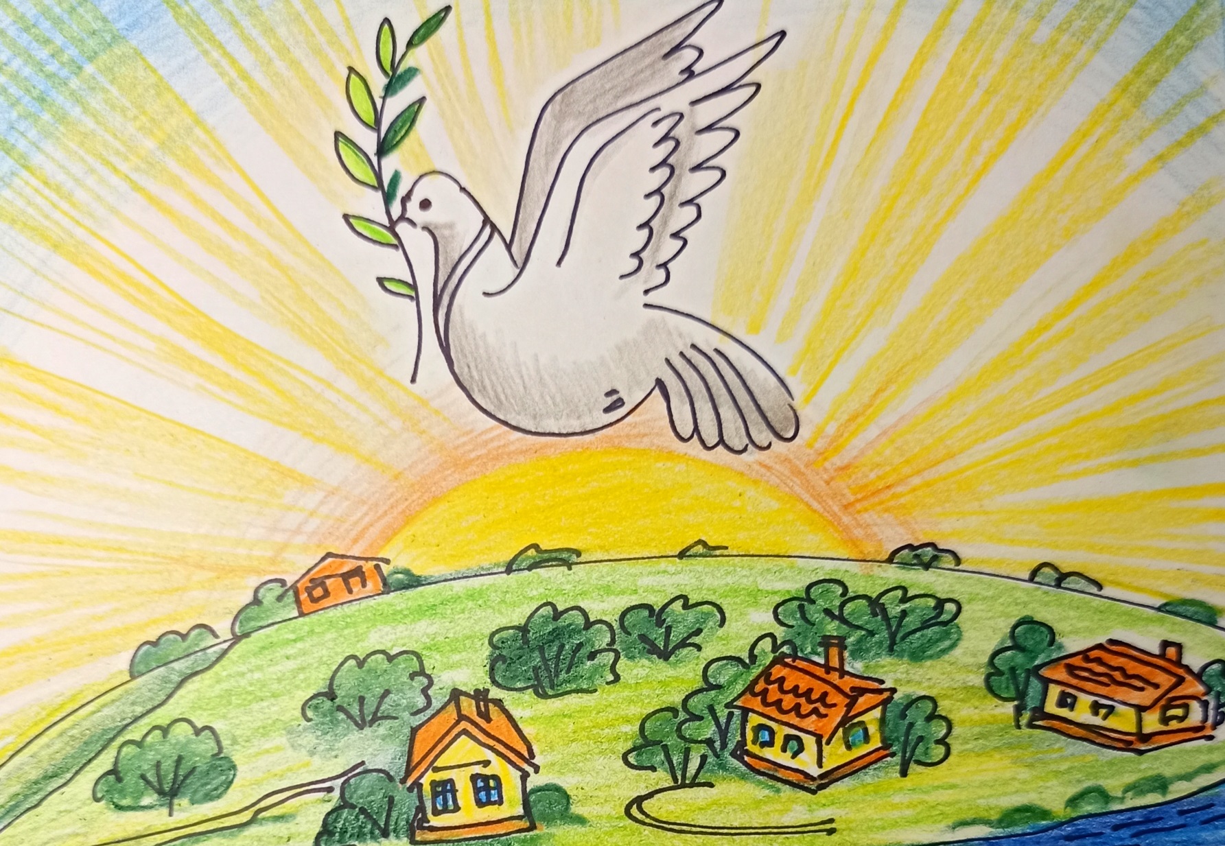 Голубь мира - рисунок фломастерами и цветными карандашами. смотреть онлайн