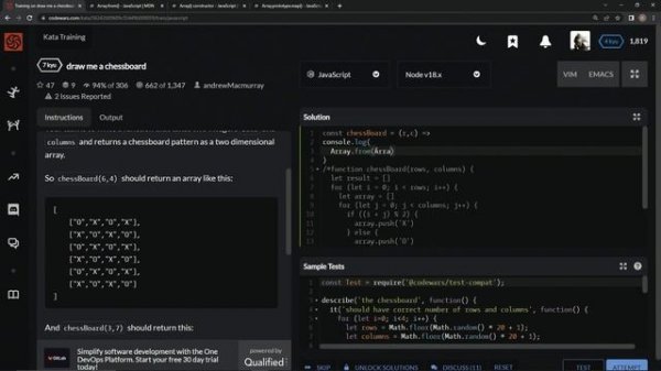 Codewars 7 kyu Draw Me a Chessboard Javascript
