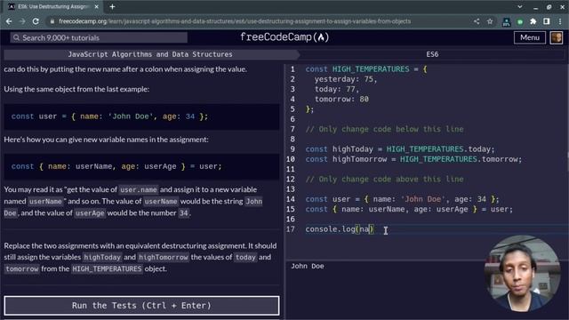 L10 - Use Destructuring Assignment to Assign Variables from Objects | ES6 | freeCodeCamp смотреть онлайн