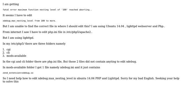 Ubuntu: Location to edit xdebug.max_nesting_level in ubuntu 14.04 PHP using Lighttpd смотреть онлайн