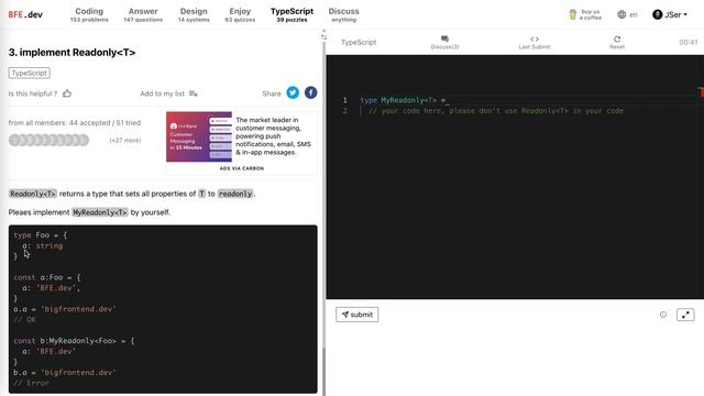 BFE.dev TS puzzle#3 Readonly | JSer - Front-End Interview questions смотреть онлайн