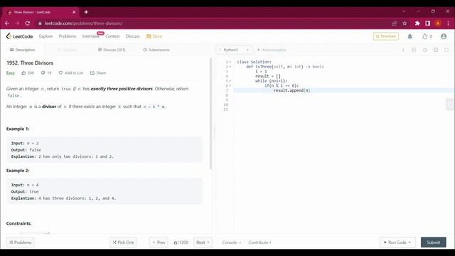 1952. Three Divisors with Python | Leetcode with Python #technology #leetcode #youtube #python3 смотреть онлайн