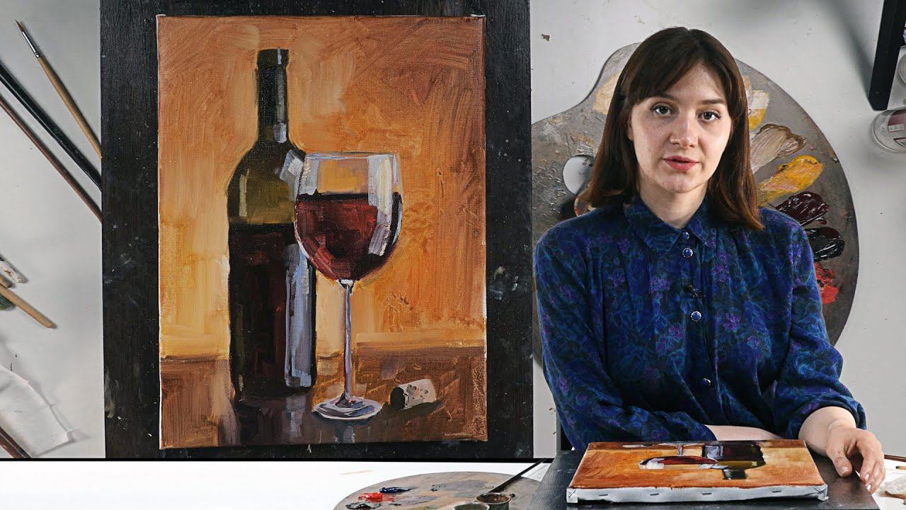 Экспресс-урок по масляной живописи «Красное вино» | Рисуем бутылку вина и бокал поэтапно смотреть онлайн
