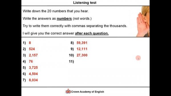Numbers listening exercise - English test