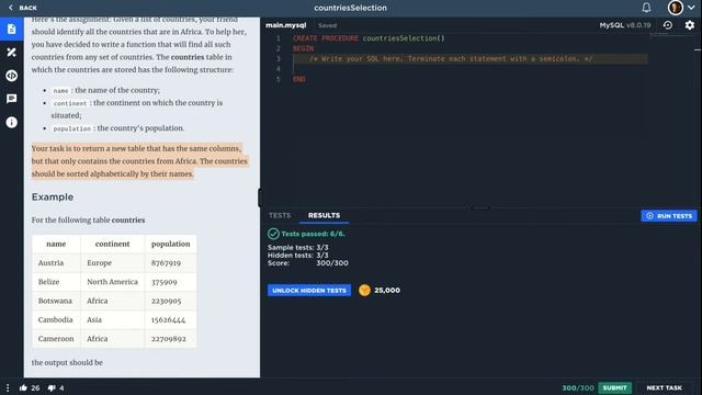 Countries Selection ( countriesSelection ) - CODESIGNAL - MySQL смотреть онлайн