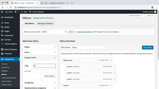 Mega menu setup - Voice WordPress theme смотреть онлайн
