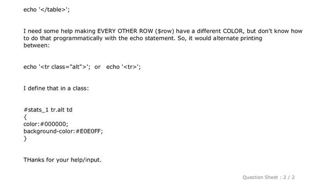 HTML : PHP - help coding echo statement to create every other line of different background colors смотреть онлайн