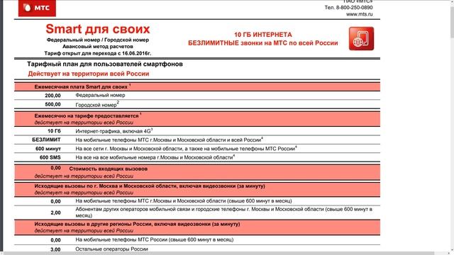 Подбор тарифа #1. Москва и область. МТС. 400 минут/10 Гб до 500 рублей