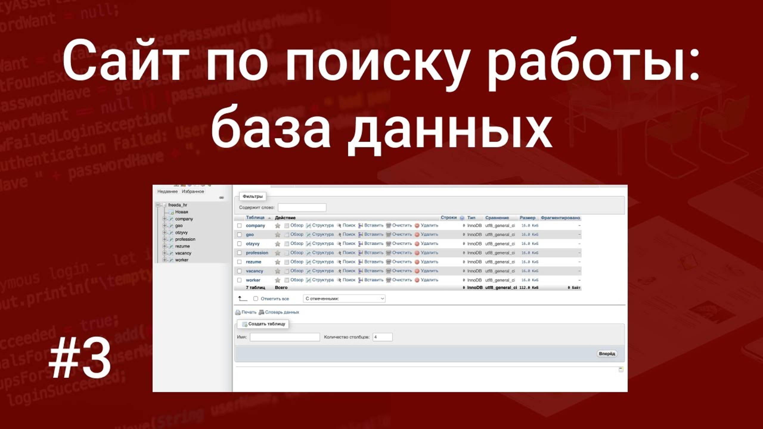Свой сайт по поиску работы #3: проектирование структуры базы данных в MySQL, phpMyAdmin смотреть онлайн