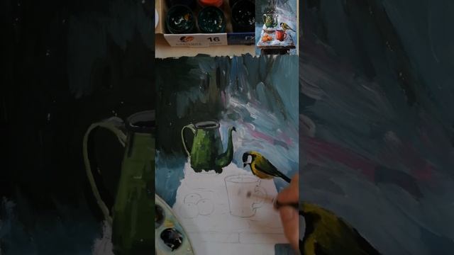 урок по живописи гуашью натюрморт, мандарины, птица синица, снег, как нарисовать птичку синичку смотреть онлайн