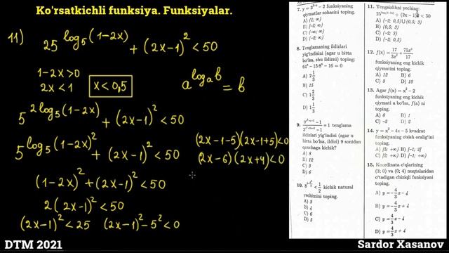 Ko'rsatkichli funksiya | Kvadrat va Chiziqli funksiyalar | DTM 2021 Matematika yechimlari. смотреть онлайн