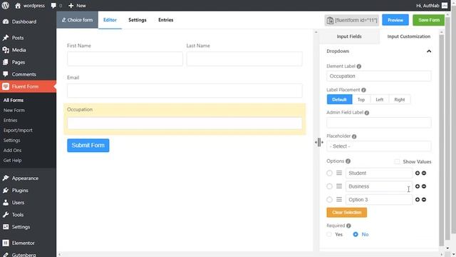 Dropdown Field in WP Fluent Form WordPress Plugin смотреть онлайн
