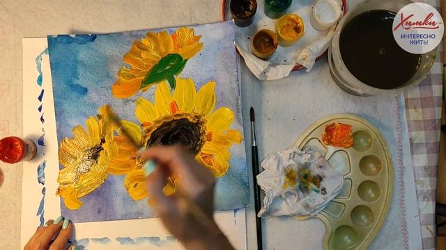 Рисуем солнечные цветы «Подсолнухи». Смешанная техника рисования акварелью и гуашью смотреть онлайн