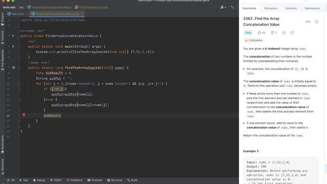2562. Find the Array Concatenation Value || LeetCode 2562 || Java Problem Easy Solution for Contest смотреть онлайн