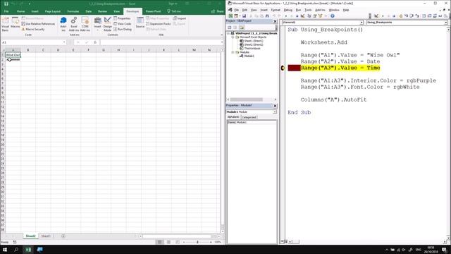 Excel VBA Online Course - 1.2.2 Using Breakpoints смотреть онлайн