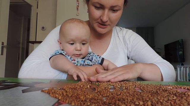 Даня перебирает с мамой гречку