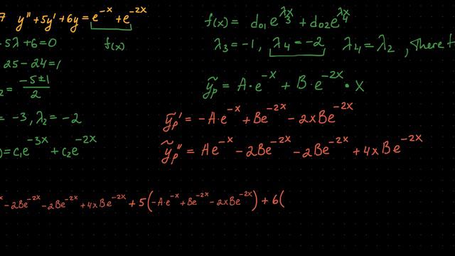 #2.157 y''+5y'+6y=e^-x+e^-2x [Differential Equation] смотреть онлайн