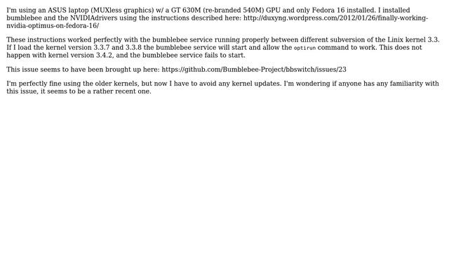 Unix & Linux: Bumblebee (Optimus) Service Won't Start w/ 3.4 Kernel on Fedora 16 смотреть онлайн