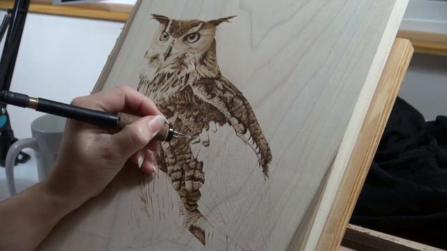 Wood Burning Art - Eurasian Eagle Owl - Pyrography Time Lapse