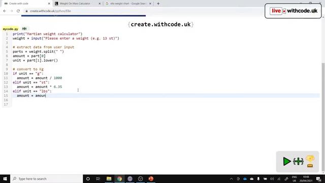 Martian weight calculator in python: Episode 36 of live.withcode.uk смотреть онлайн