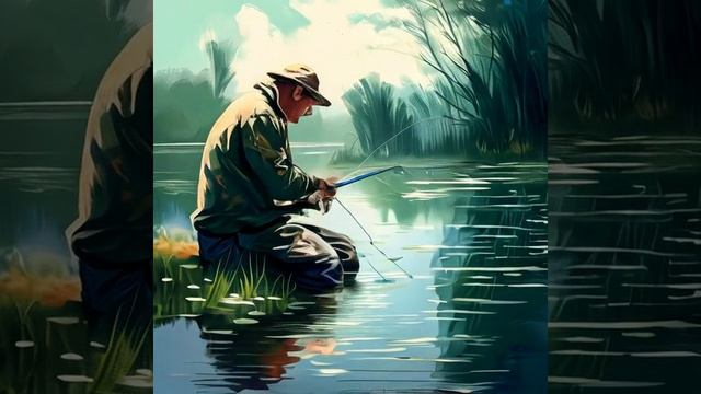 Пруд, человек, рыбак ловит рыбу, создано с помощью нейросети