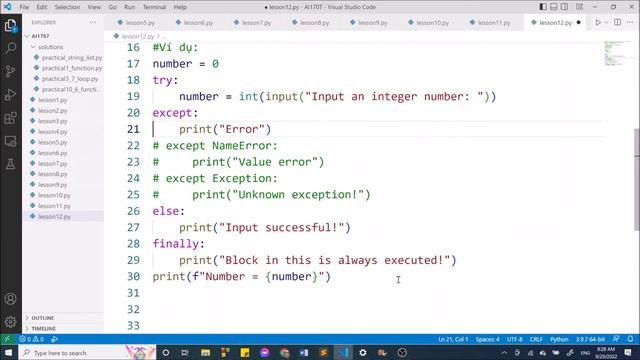 Python-AI1707: Buổi 7. Exception (Ngoại lệ): try, except, else, finally, Đối số của ngoại lệ, raise смотреть онлайн