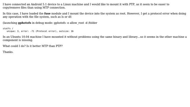 Unix & Linux: gphotofs protocol error mounting Android device in PTP mode смотреть онлайн