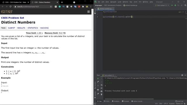 Distinct Numbers using Python3 | CSES Problem set Solution | Sorting and Searching Problem #4 смотреть онлайн
