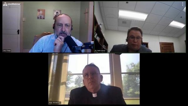 Keith Lemna, Msgr. Michael Heintz and Larry Chapp discuss Louis Bouyer