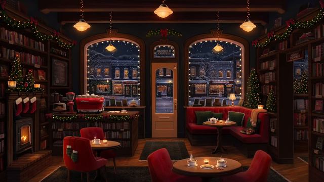Christmas Coffee Shop Bookstore Ambience with Instrumental Jazz Christmas Music & Fireplace смотреть онлайн